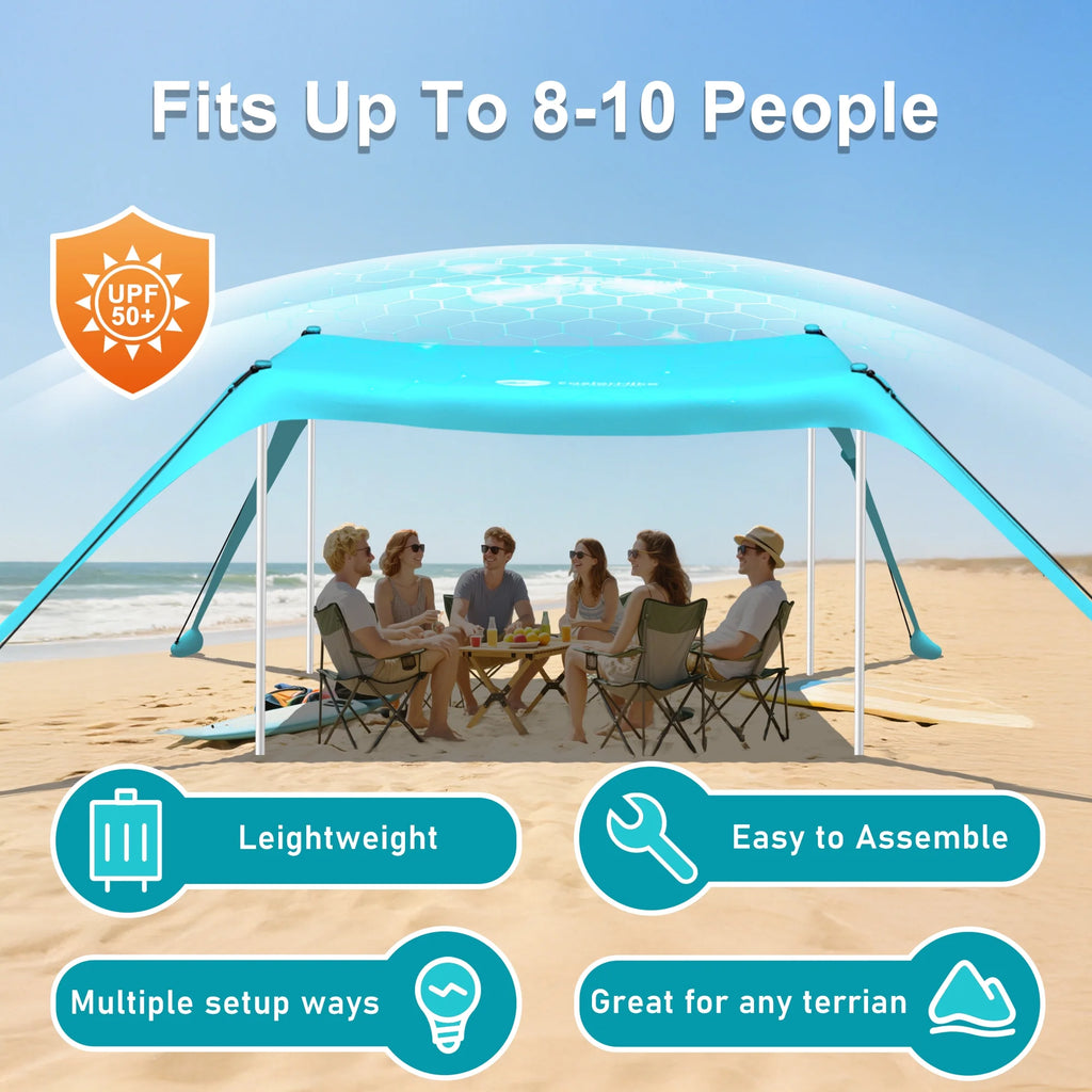 Easierhike 10'x10' Beach Tent Sun Shelter, UPF 50+ Windproof Beach Canopy for 8-10 People, Portable with Carry Bag, Easy Setup for Outdoor, Royal Blue