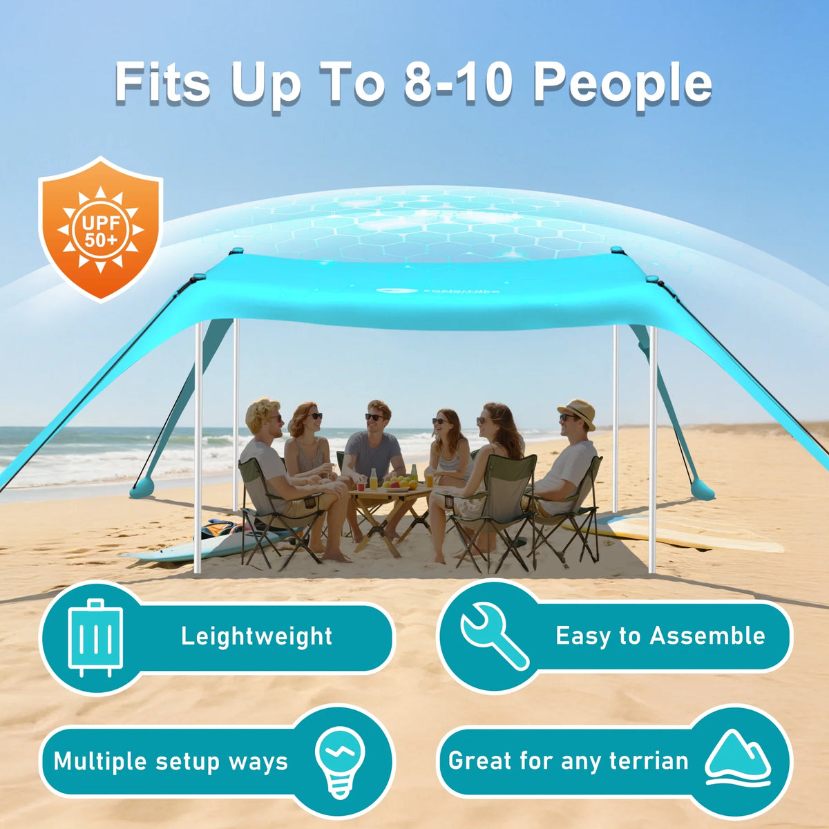 Easierhike 10'x10' Beach Tent Sun Shelter, UPF 50+ Windproof Beach Canopy for 8-10 People, Portable with Carry Bag, Easy Setup for Outdoor, Royal Blue