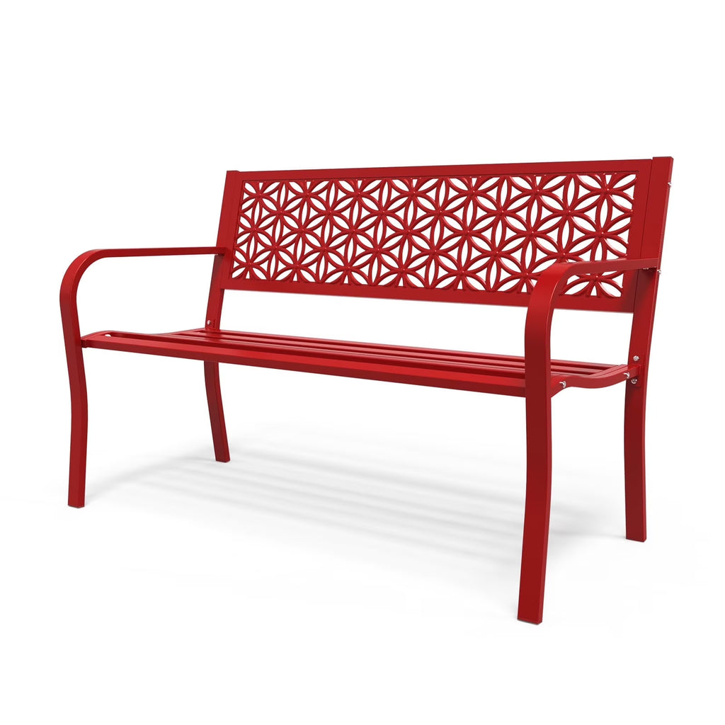 Ktaxon Outdoor Bench, Mental Bench with Floral Back, 2-Person Garden Bench for Outside Yard Patio Entryway Park Porch, 800LBS, White