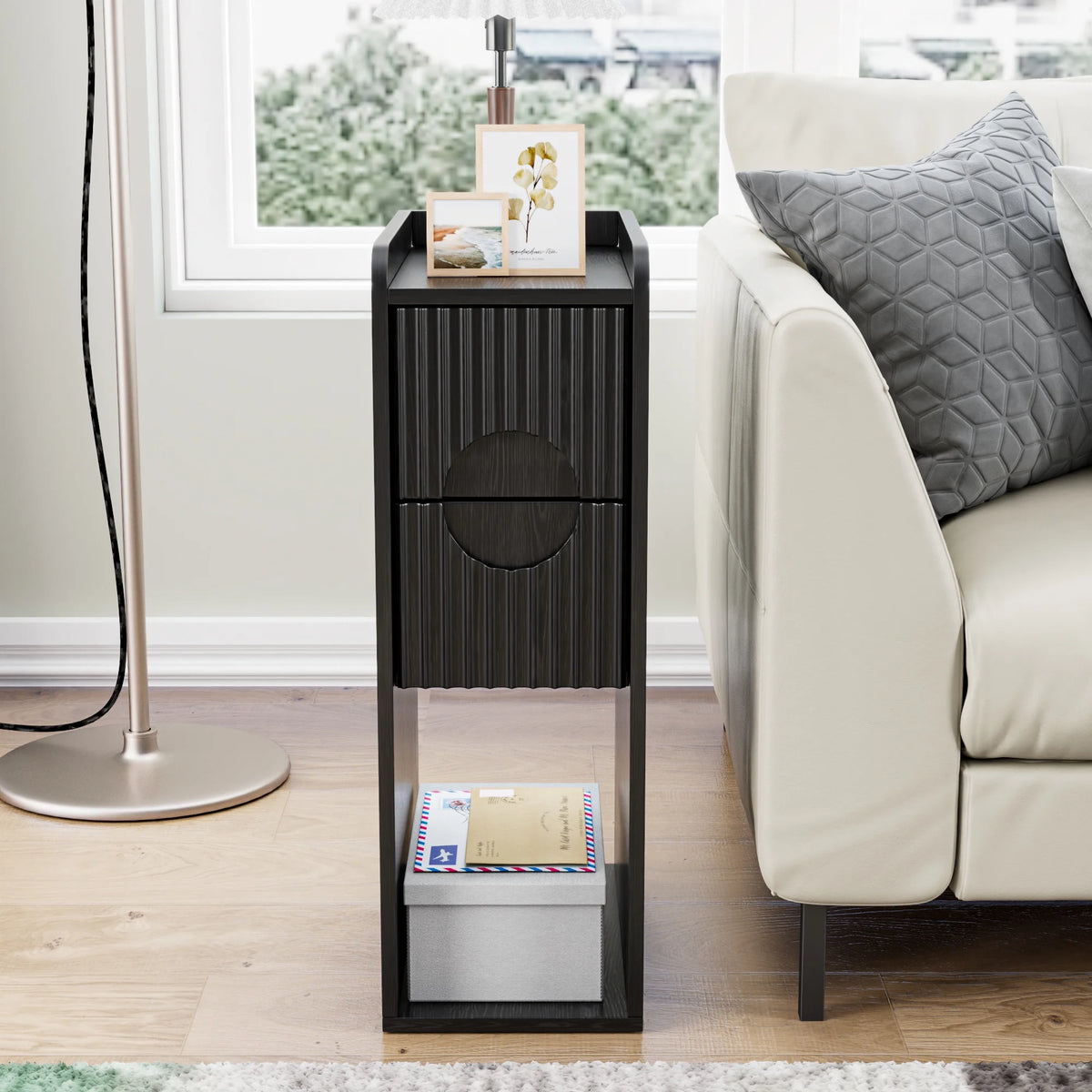Narrow Nightstand Set of 2 with Drawers, Fluted Slim Side End Table with Storage for Small Spaces