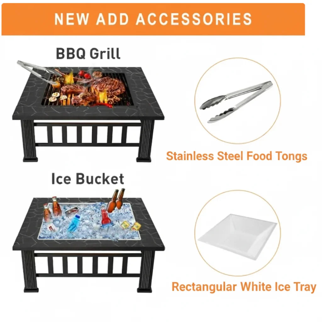 Fire Pits for Outside, UHOMEPRO 32" Square Iron Fire Pit Backyard Patio Garden Stove Wood Burning Fire Pit w/ BBQ Net, Waterprrof Cover, Mesh Screen Lid, Wood Grate, Poker, Durable Fire Pit