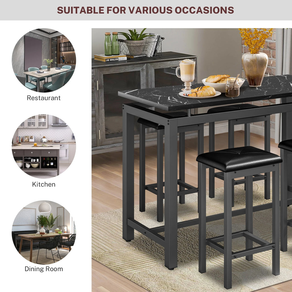 5 Piece Dining Set, Modern Dining Table and Chairs Set for 4, Counter Height Bar Table Set, Modern Pub Table with 4 Velvet Fabric Cushioned Stools, Faux Marble Dining Table & Stools Set, D9297