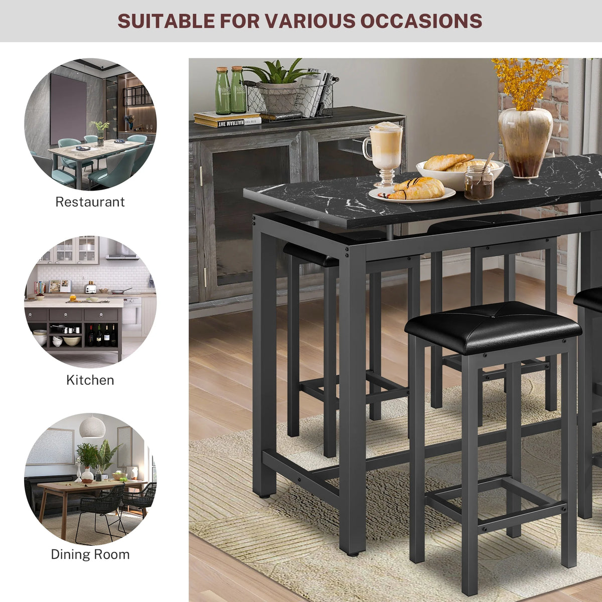 5 Piece Dining Set, Modern Dining Table and Chairs Set for 4, Counter Height Bar Table Set, Modern Pub Table with 4 Velvet Fabric Cushioned Stools, Faux Marble Dining Table & Stools Set, D9297