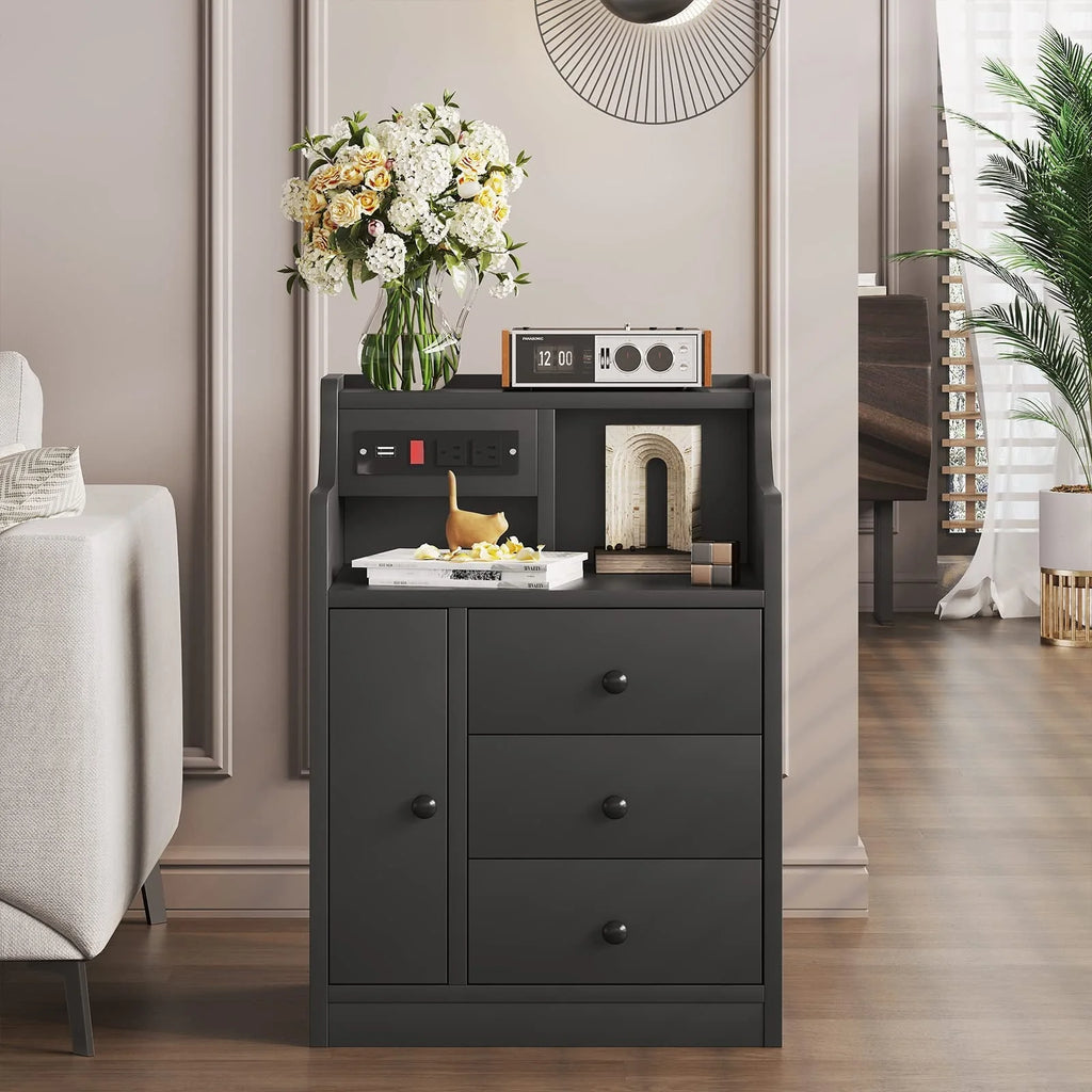 Nightstand with 3 Storage Drawers and Hutch, Black Night Stand with Charging Station End Side Table with 1 Door, Modern Bedside Table for Bedroom