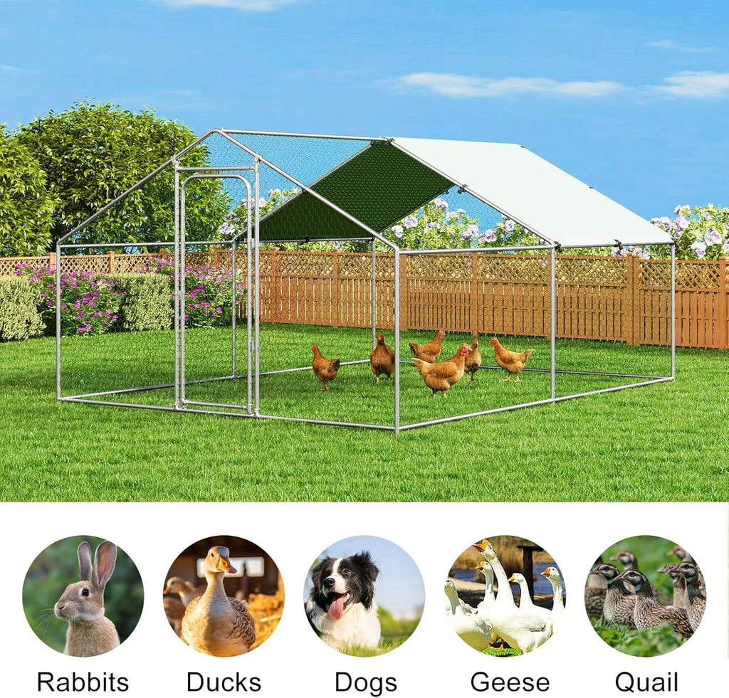 Large Metal Chicken Coop Walk-in Poultry Cage with Waterproof and UV-Resistant Cover Outdoor Chicken Run Hen Rabbit Duck House for Backyard Farm Use Spire Roof(10 W x 4.9 L x 6.4 H)