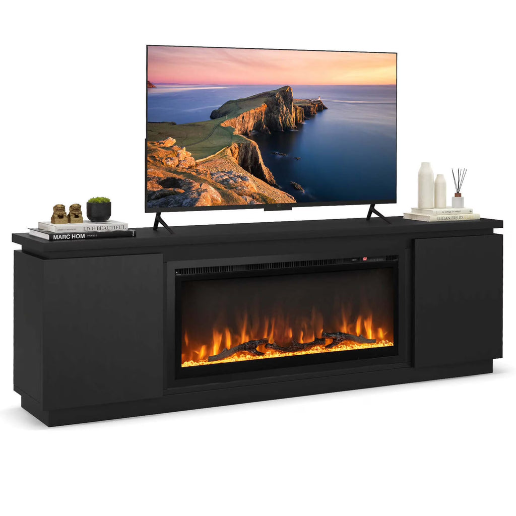 Costway Fireplace TV Stand for TVs up to 80" with Electric Fireplace 3 Adjustable Shelves Black