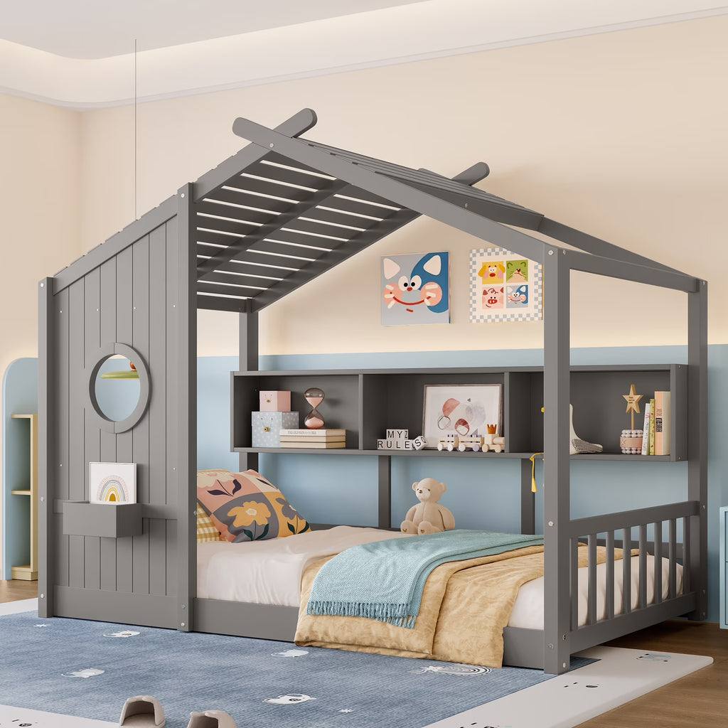 Miniyam Twin Size Montessori Floor House Bed with Roof Design and Storage Shelf for Kids, White