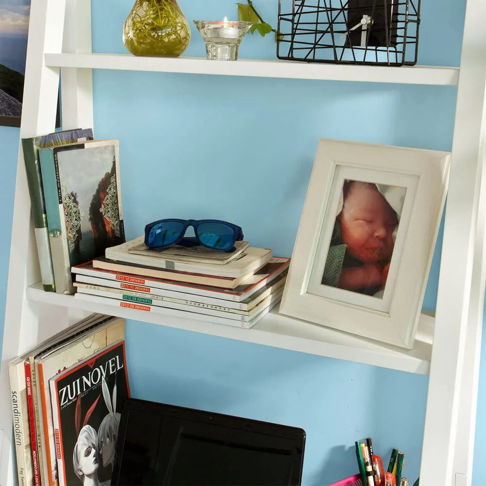 Haotian FRG60-W, White Ladder Shelf Desk, Bookcase, Book Shelf, Leaning Desk With Shelves, Wall Shelf