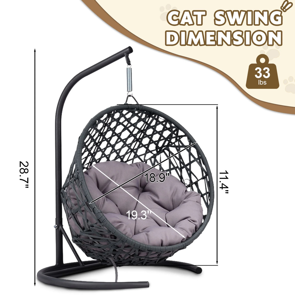 Cat Swing Bed with Stand & Cushion, Cat Egg Chair with Rattan Wicker Appearance, Indoor Hanging Swinging Cat Bed