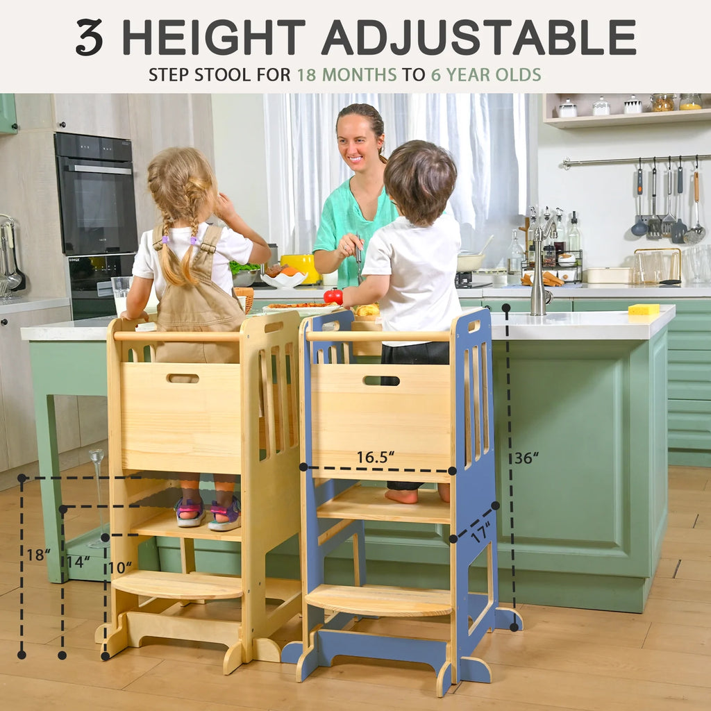 Toddler Standing Tower, Kids Kitchen Stool Helper 3 Levels Adjustable Height Wooden Toddler Step Stools for Learning New Skills