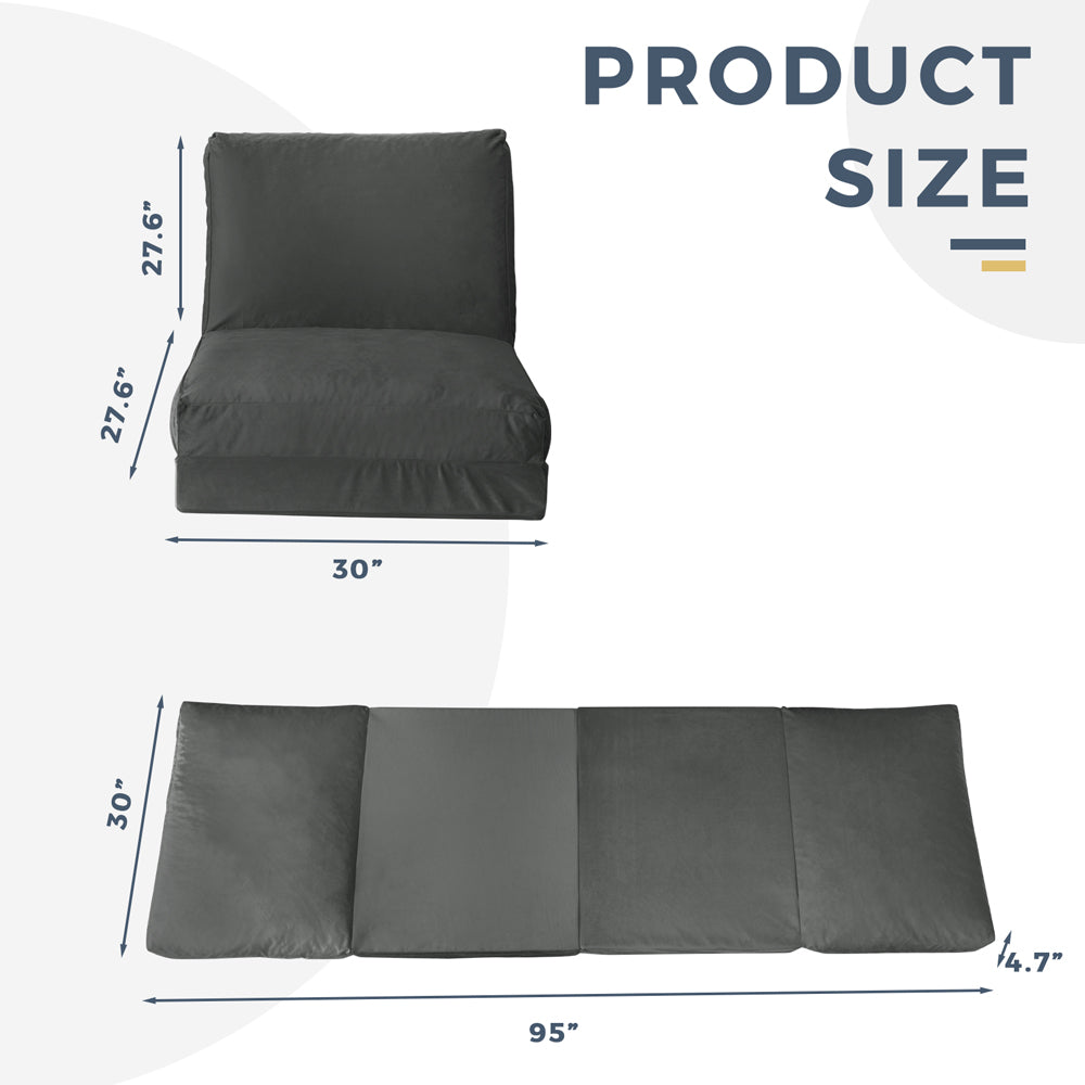 Folding Sofa Bed,Extra Thick and Long Fluffy 4 Position Convertible Flip Lounge Chair,Foam Filling Folding Matress Sofa Bean Bag with Washable Cover,Grey,39x95 Inch