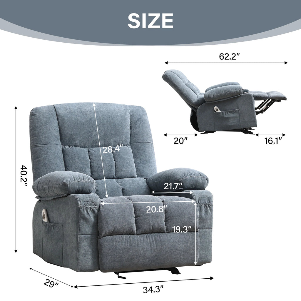 JONPONY Massage Swivel Rocker Recliner Chair with Vibration Massage and Heat Ergonomic Lounge Chair for Living Room with Rocking Function and Side Pocket, 2 Cup Holders, USB Charge Port,Grey