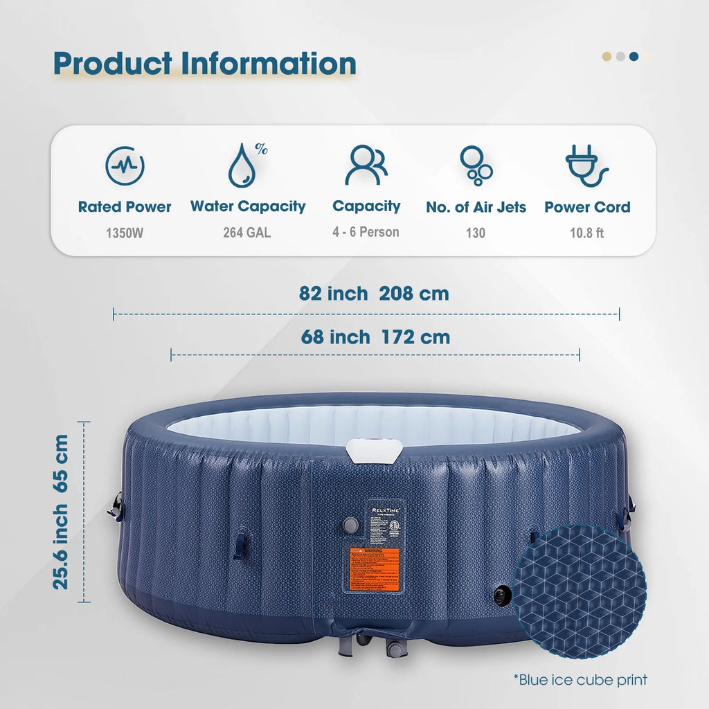 RELXTIME 4-6 Person Inflatable Hot Tub Pool Round Portable Outdoor Spa with 130 Massage Jets, Blue