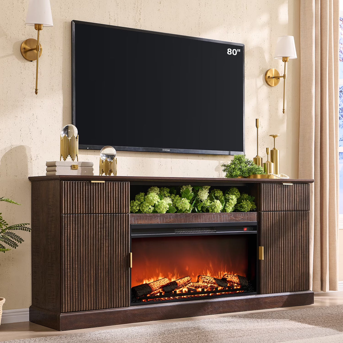 SinCiDo Fluted Fireplace TV Stand for 80 inch, Entertainment Center with 36" Electric Fireplace, 2 Drawers and Adjustable Shelves, Wood TV Stand for Living Room