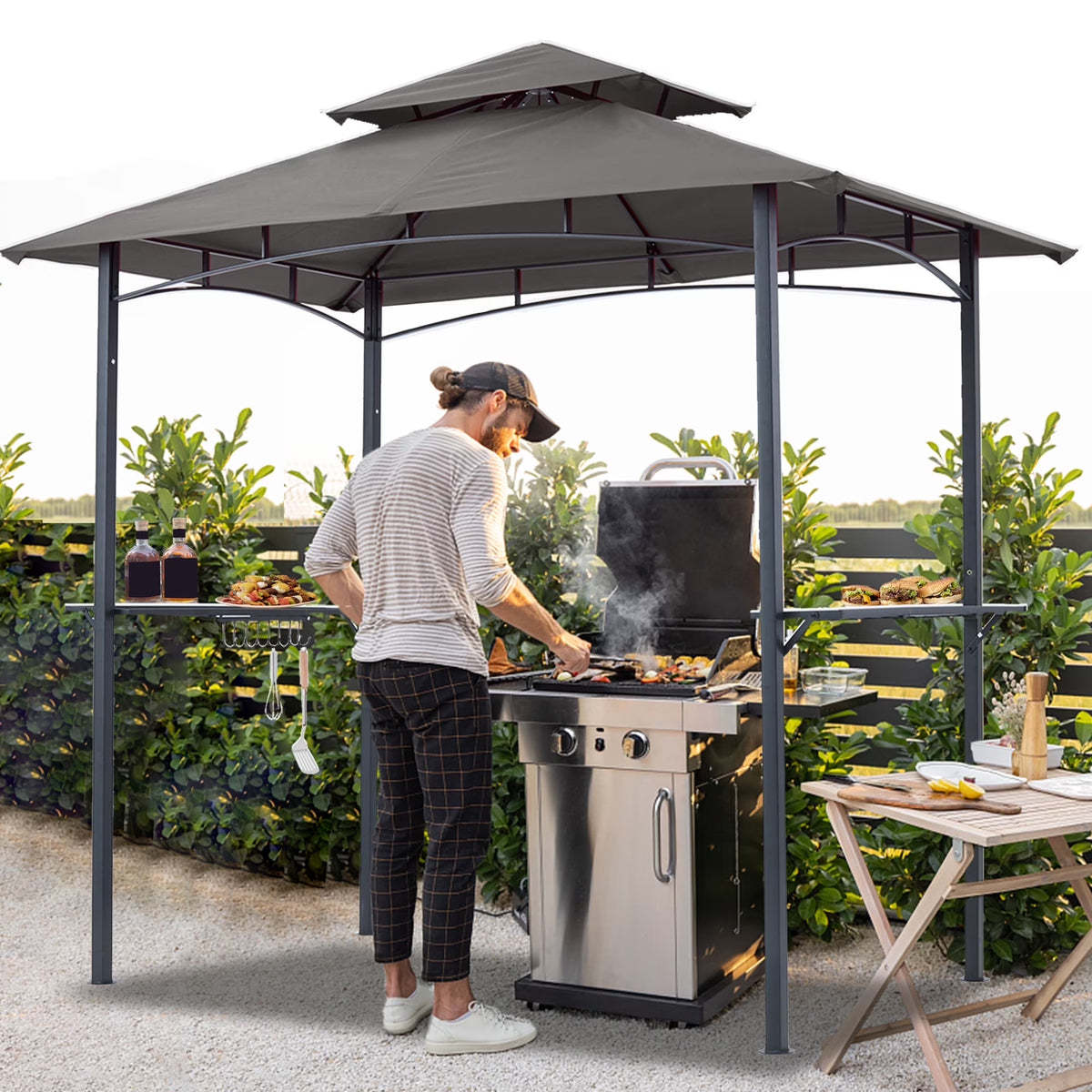 ABCCANOPY 8'x 5' Grill Gazebo Shelter, Double Tier Outdoor BBQ Gazebo Canopy with LED Light(Brown)