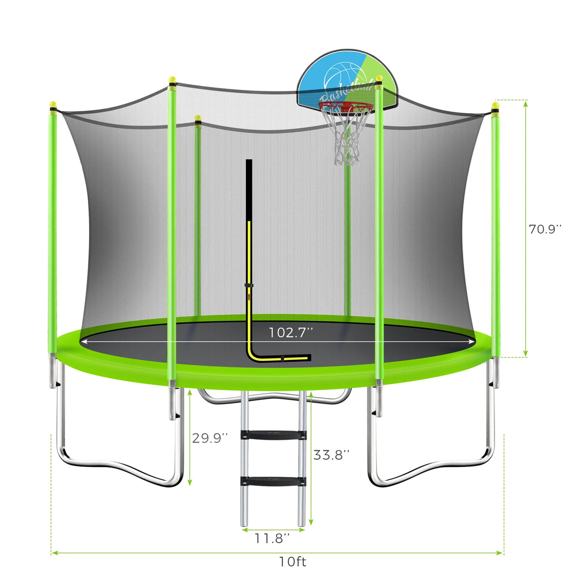 EUROCO  8FT Trampoline for Kids with Safety Enclosure Net, Basketball Hoop and Ladder, Easy Assembly Round Outdoor Recreational Trampoline