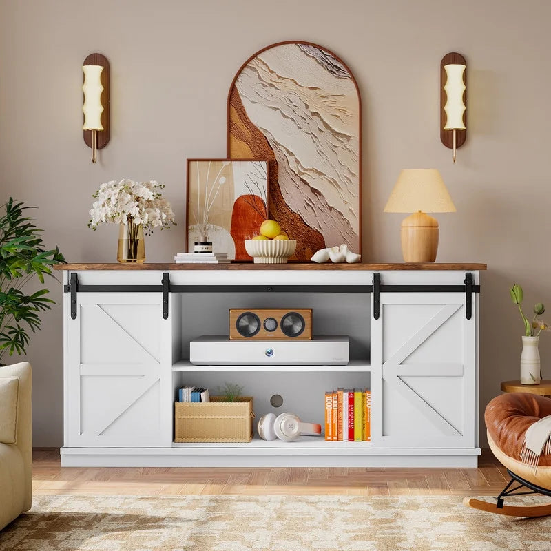 Vineego 70 inch Farmhouse TV Stand for Living Room, Entertainment Center with Sliding Barn Doors & 4 Storage Drawers, Adjustable Shelves Rustic Media Console for Bedroom,White