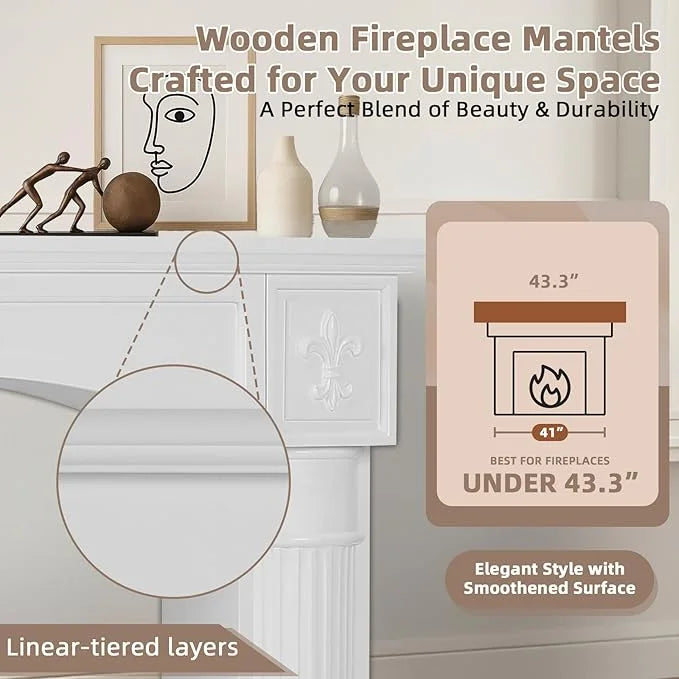 EPICOZY 43.3" Fireplace Mantel, Freestanding Fireplace Surround with Leg for Electric Fireplaces, MDF Mantel Surround with Shelf for Living Room with Decorative Pattern, Anti-Tipping & Waterproof