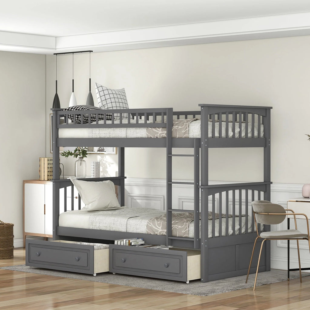 Euroco Pine Wood Bunk Bed with Storage 2 Drawers, Twin-over-Twin Bunk Bed with Safety Rail and Ladder for Kids, Conveted into 2 Single Beds, Sapce-Saving Design, Gray