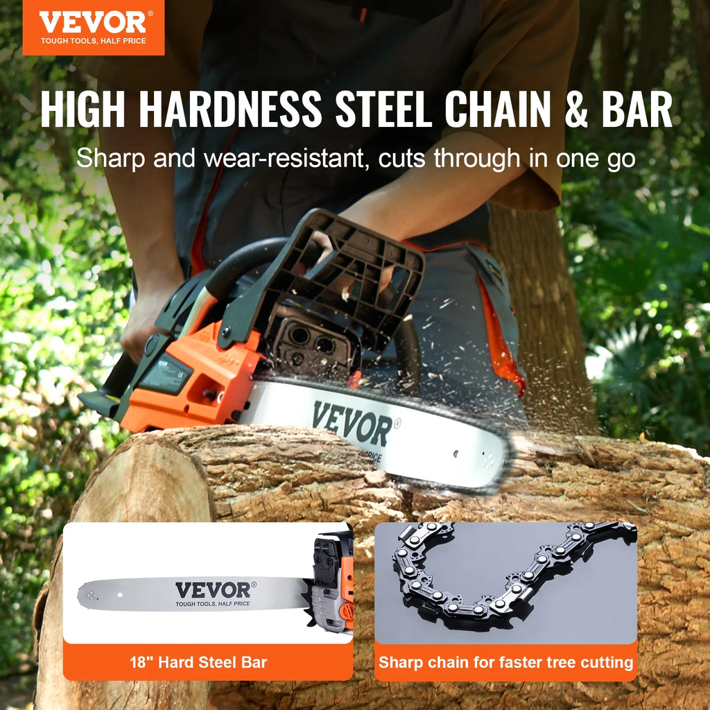 VEVOR Gas Chainsaw, 52CC 18" 2.55HP, Gasoline Powered Chain Saw, Handheld Cordless Petrol Chainsaws for Tree Wood Branch Cutting, Tree Trimming, Land Clearing, Farm Garden Ranch Forest Cutting Use