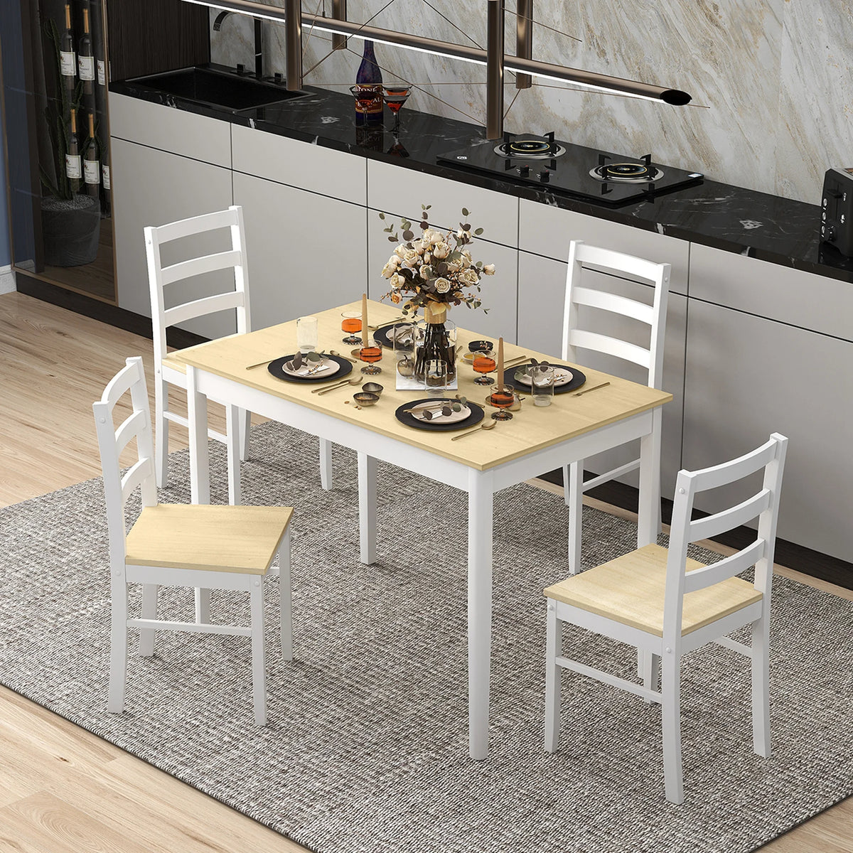 Costway 5-Piece Dining Set Solid Wood Kitchen Furniture with Rectangular Table & 4 Chairs