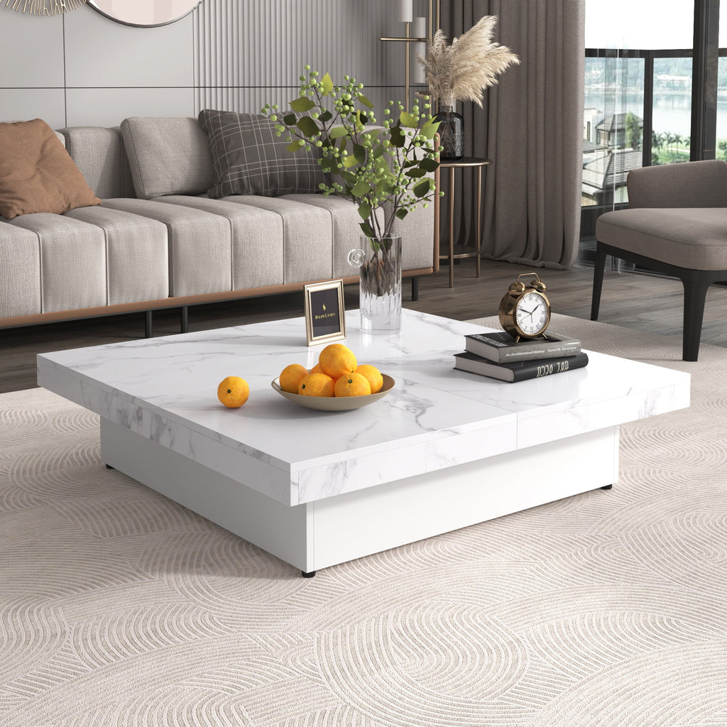 PORKISS Square Coffee Table, Modern Coffee Table with Sliding Top and Storage Space, Cocktail Table with Storage and Grain Veneer Finish, Freestanding Storage Coffee Table for Living Room, Walnut