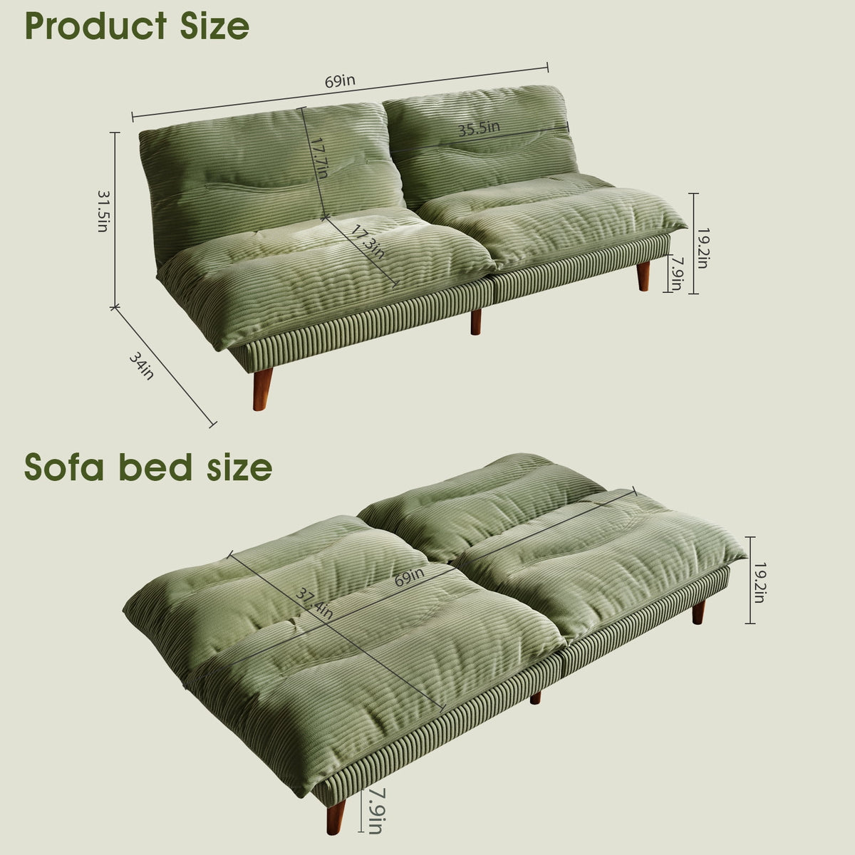 NYBOPAVIS 69" Futon Convertible Sofa Bed, Corduroy Loveseat Sofa Couch for Small Space Green