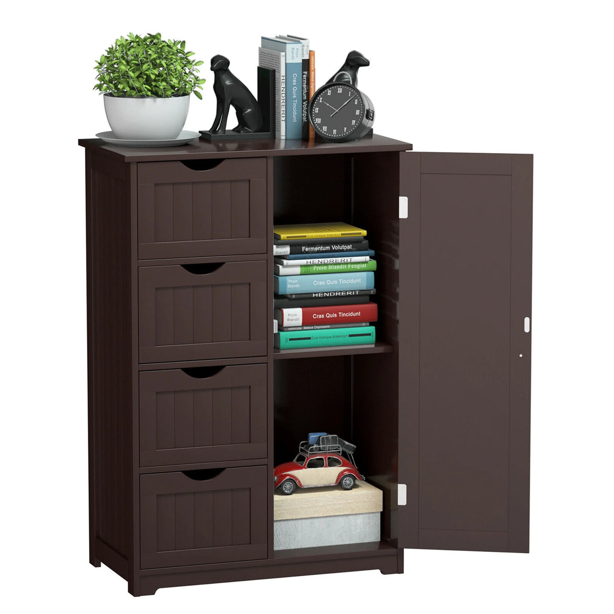 Gymax Bathroom Floor Cabinet Storage Organizer Cupboard w/ 4 Drawers Adjustable Shelf Grey