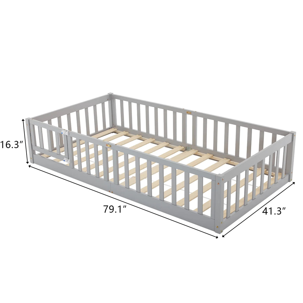 Ktaxon Montessori Twin Floor Bed with Safety Guardrails, Toddler Bed Frame for Kids, Wood Frame - Nature