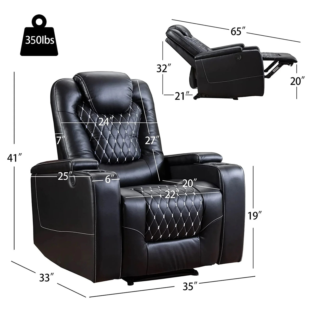 Bonzy Home Overstuffed Electric Home Theater Seating PU Leather Reclining Furniture with with USB Ports and Cup Holders and Hidden Arm Storage - Black