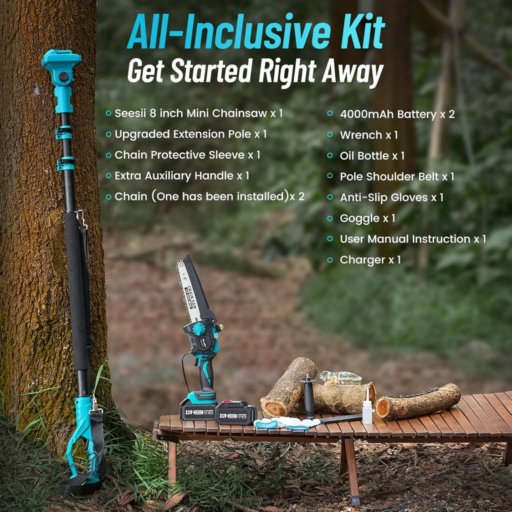 Seesii 2-in-1 Cordless Pole Saw, 8 Inch Brushless Pole Chainsaws Mini Handheld Chainsaw with 2Pcs 21V Batteries, 2x Chains, Auto Oiler, 16FT MAX Extension Pole Saws for Tree Trimming