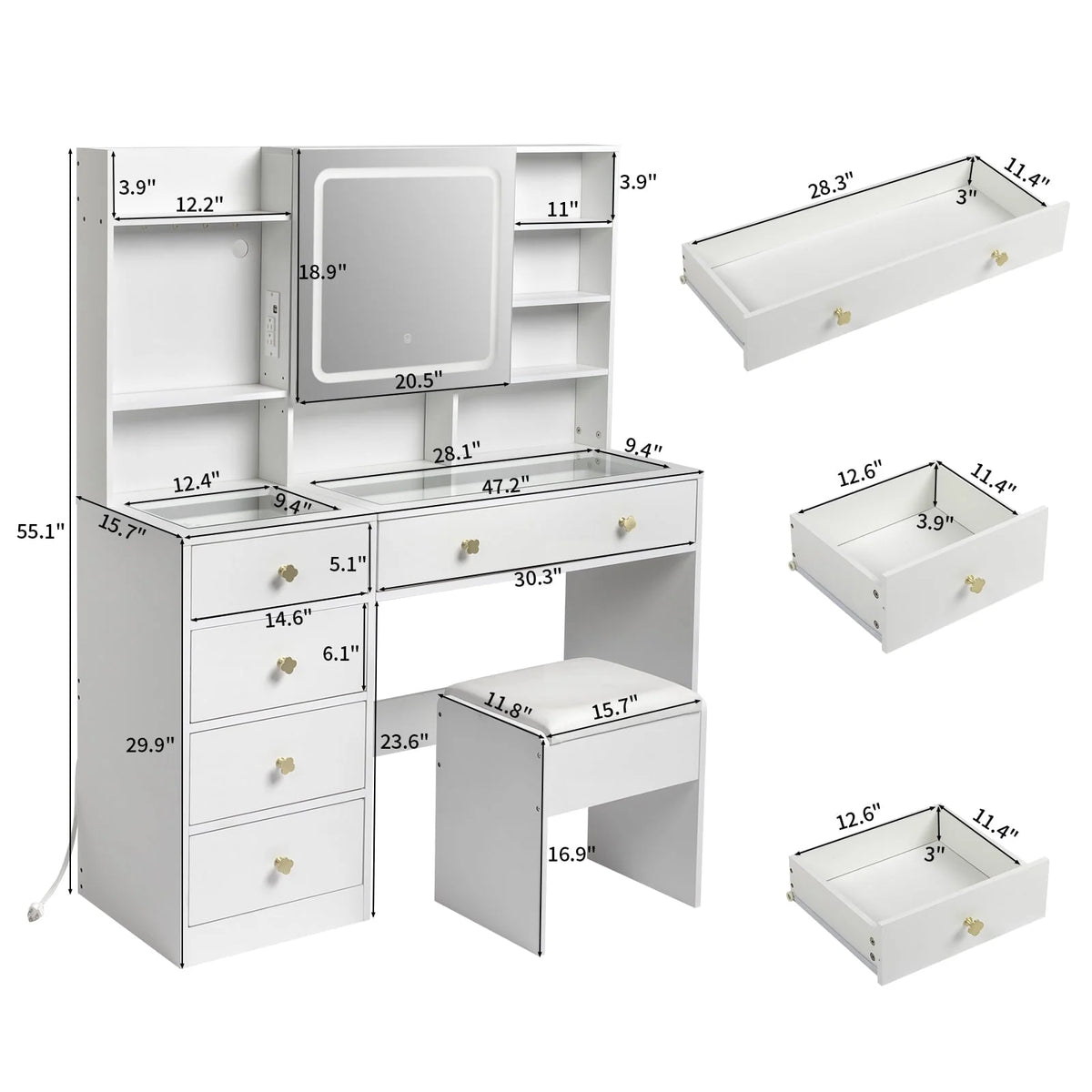 Ktaxon Makeup Vanity with 3 Color Lights, Vanity Desk with USB Charging Station, Vanity Makeup Table with Visible Drawers, Hidden and Open Storage Shelves, White