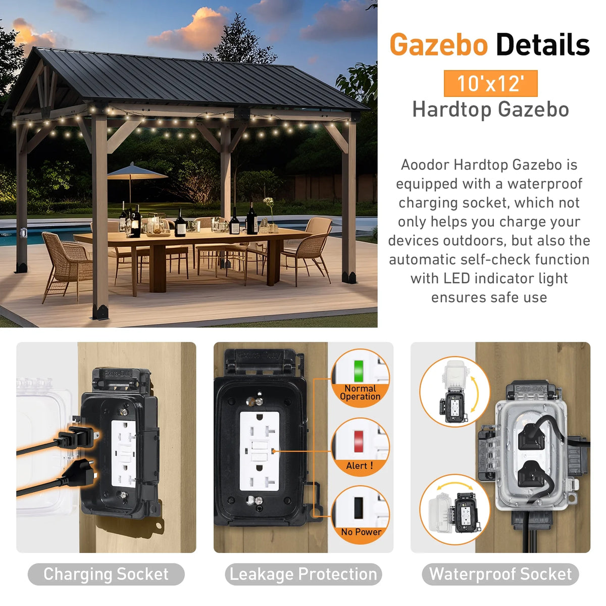 Aoodor 10 x 12 ft Wooden Frame Gazebo with 2-Tier Galvanized Metal Hardtop Roof, Outdoor Patio Gazebo with Charging Socket for Patio, Backyard, Deck, and Lawn