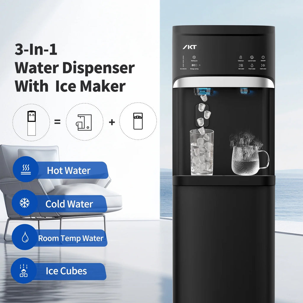 IKT Bottom Loading Water Dispenser Cooler with Maker for 5 Gallon Bottle with Empty Bottle Indicator 3 Temperature 22lbs Within 24hrs Black