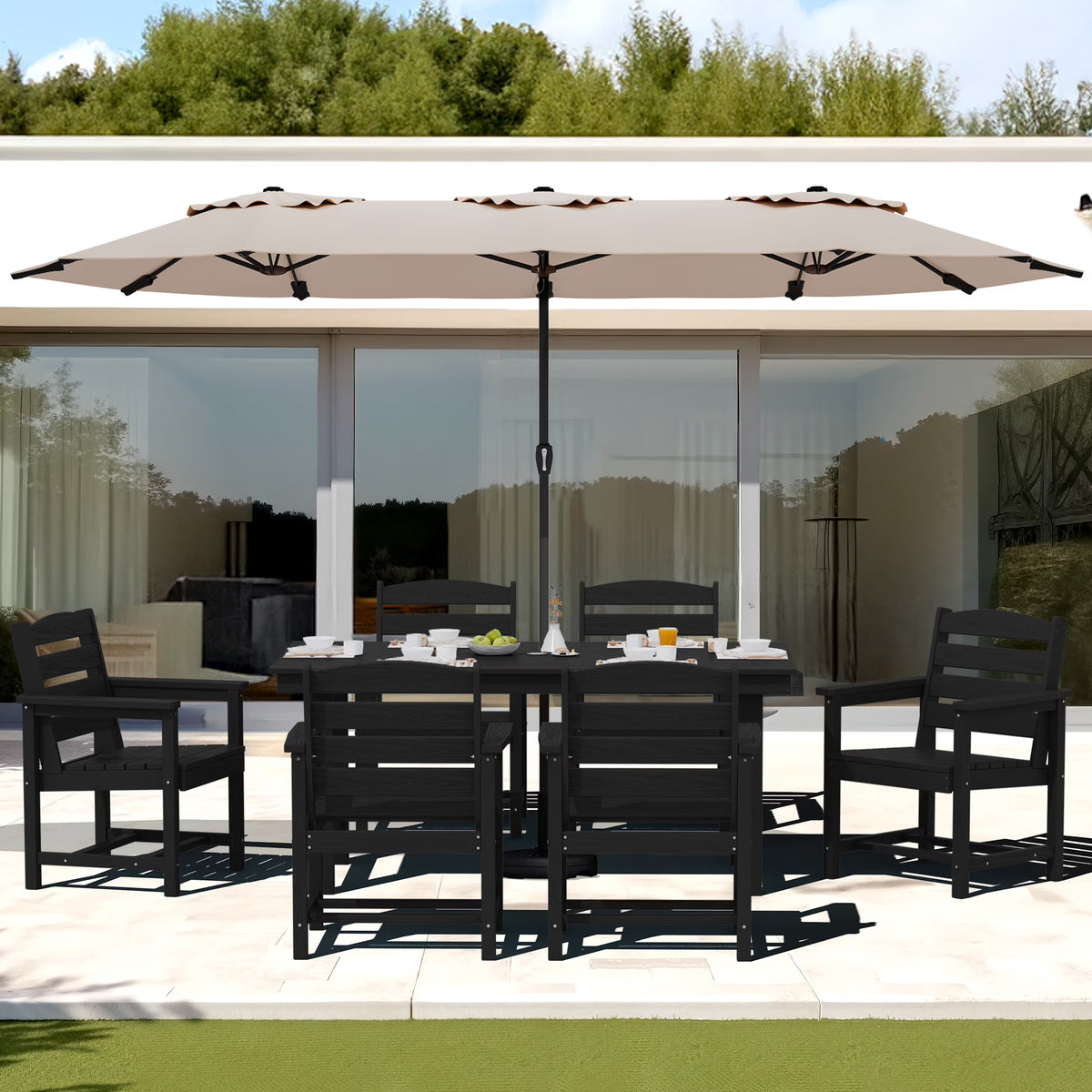 SERWALL Outdoor HDPE Dining Table Set, 7-Piece Outdoor Dining Table Sets with Umbrella Hole, Grey