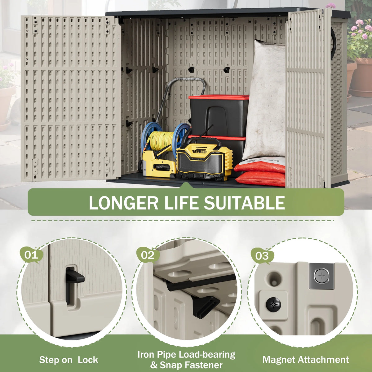 Devoko 26 Cu.ft Resin Outdoor Storage Shed, With Stable Floor and Lockable Door, All-Weather Storage Shed, Beige