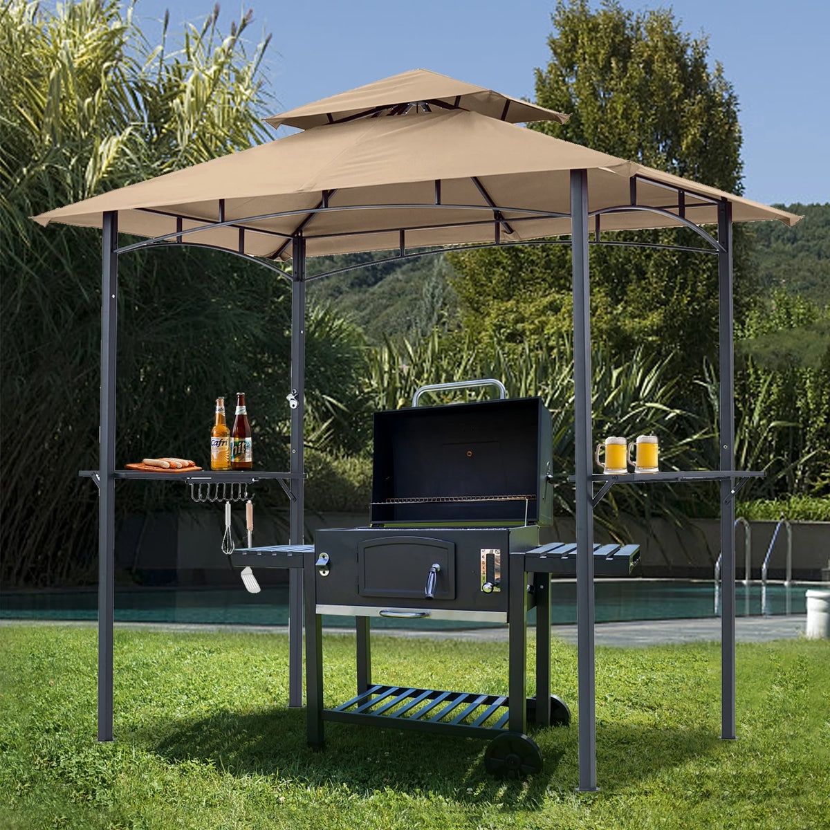 ABCCANOPY 8'x 5' Grill Gazebo Shelter, Double Tier Outdoor BBQ Gazebo Canopy with LED Light(Brown)