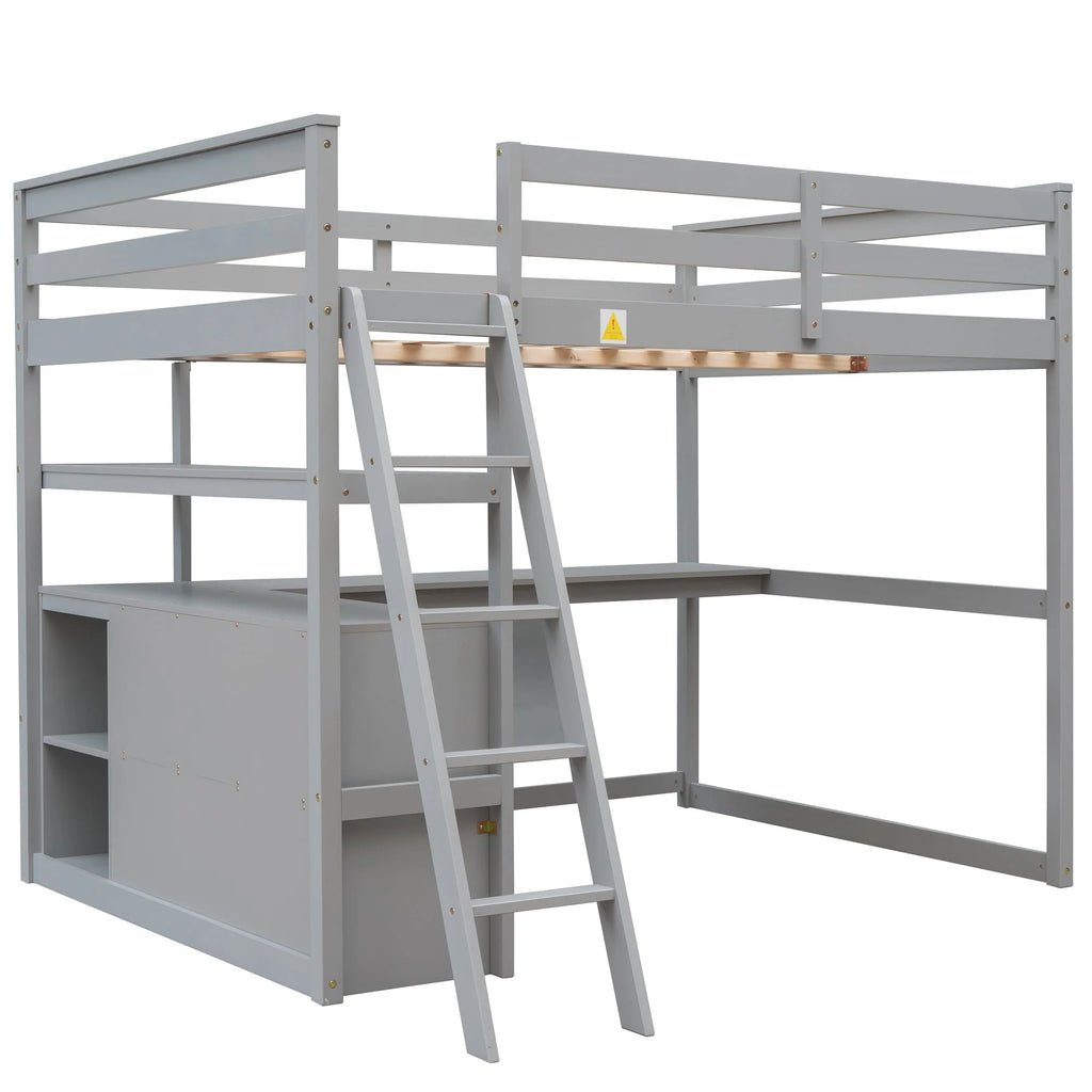 Euroco Full Size Wood Loft Bed with Desk, Shelves and Cabinets for Kids Room, Incline Ladder and 3 Drawers, Gray
