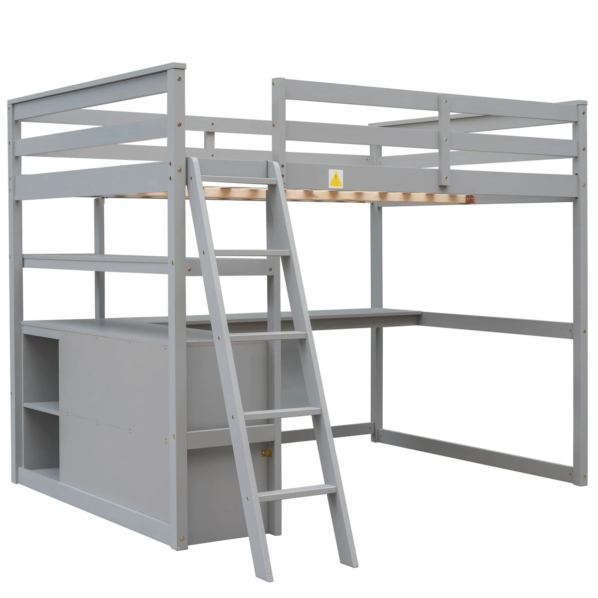 Euroco Full Size Wood Loft Bed with Desk, Shelves and Cabinets for Kids Room, Incline Ladder and 3 Drawers, Gray