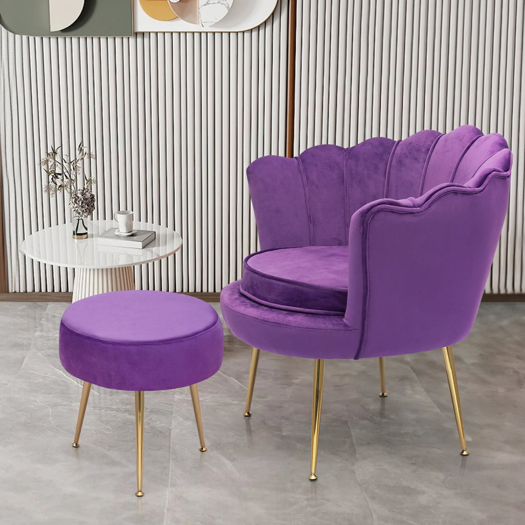 MoNiBloom Set of 2 Velvet Tufted Accent Chair with Pillow and Stool, Upholstered Modern Single Sofa Side Chair with Padded Seat and Golden Metal Legs, Living Room Armchair, Black