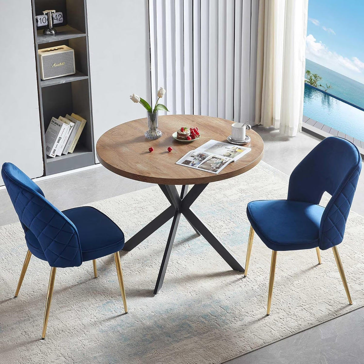 NORDICANA 5-Pieces 37-Inch Dining Table Set for 4 - Space Saving Round Table and Chairs with 4 Seaters Velvet Upholstered Chairs