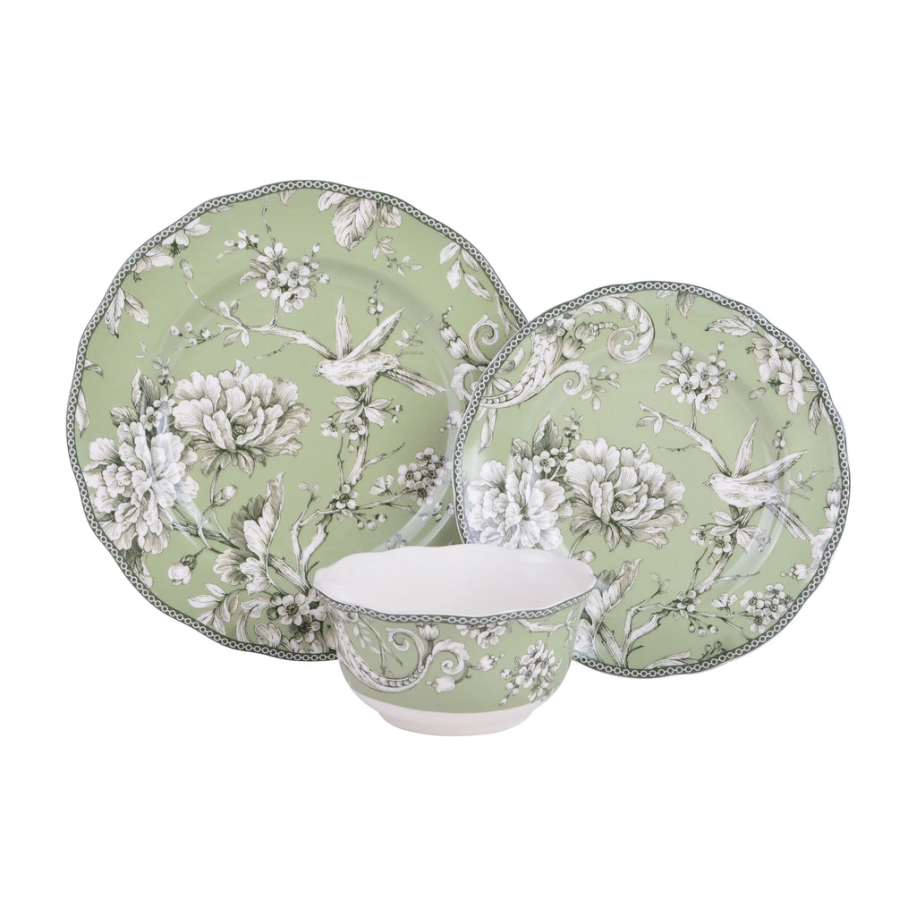 222 Fifth Adelaide Brown on White Porcelain 12 Piece Dinnerware Set, Plates & Bowls, Service for 4