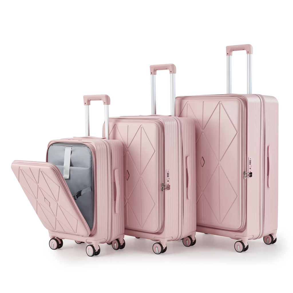 3 Piece luggage sets, Expandable Luggage 20/24/28 Inches with TSA Lock, PC Hardshell Luggage with Front Compartment, Airline Approved, Pink