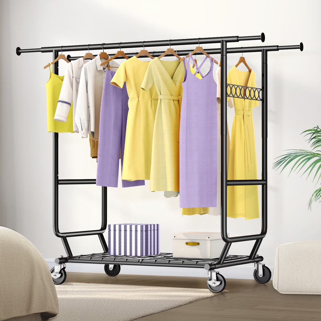 HOKEEPER 700 lbs Commercial Grade Heavy Duty Garment Rack with Shelves Collapsible Clothing Racks on Wheels Rolling Clothes Rack for Hanging Clothes Portable Adjustable, Chrome Finish