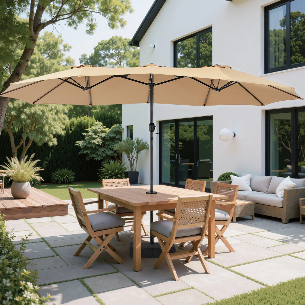 edx 15ft Patio Umbrellas (Base Included), Large Outdoor Double-Sided Rectangle Market Umbrella with Stand for Poolside, Lawn, and Backyard, Navy Blue