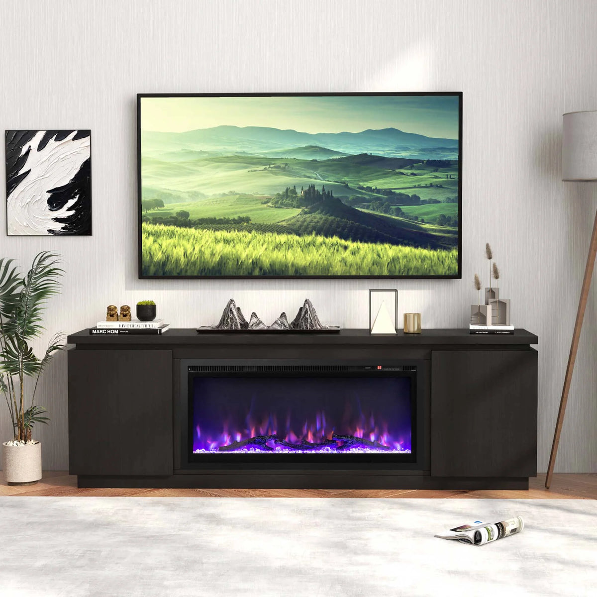 Costway Fireplace TV Stand for TVs up to 80" with Electric Fireplace 3 Adjustable Shelves Black