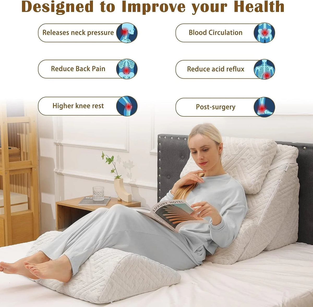 Tolead 5pcs Orthopedic Washable Bed Wedge Pillow Set, Adjustable Memory Foam, Sleeping, Reading, Gray