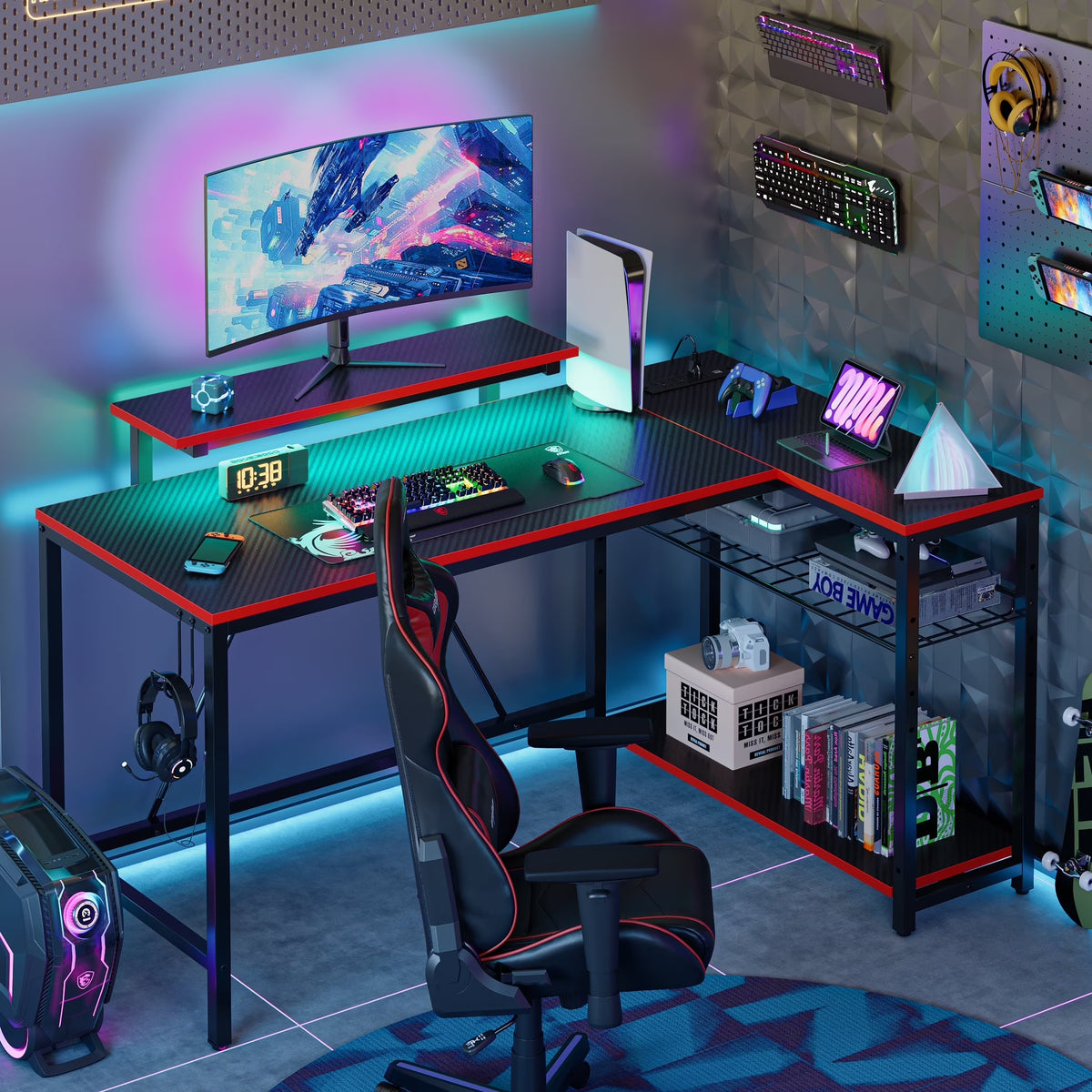 Bestier 52" Gaming Desk with LED Lights L Shaped Desk with Power Outlet & Monitor Stand Corner Computer Desk in Carbon Fiber