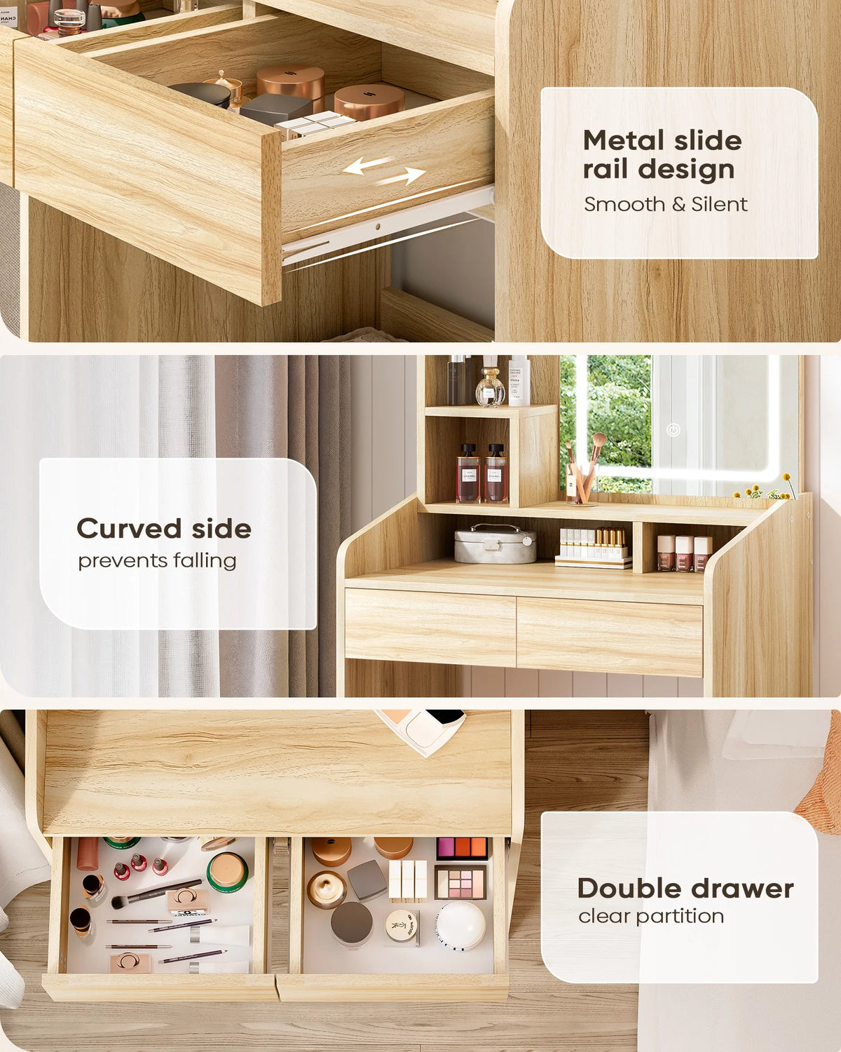LIVELYGLOW Vanity Desk Set with Square Mirror and Light- Small Vanity Table with Drawers- White