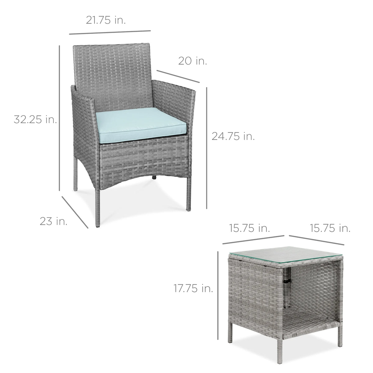 Best Choice Products 3-Piece Outdoor Wicker Conversation Patio Bistro Set, w/ 2 Chairs, Table - Gray/Navy